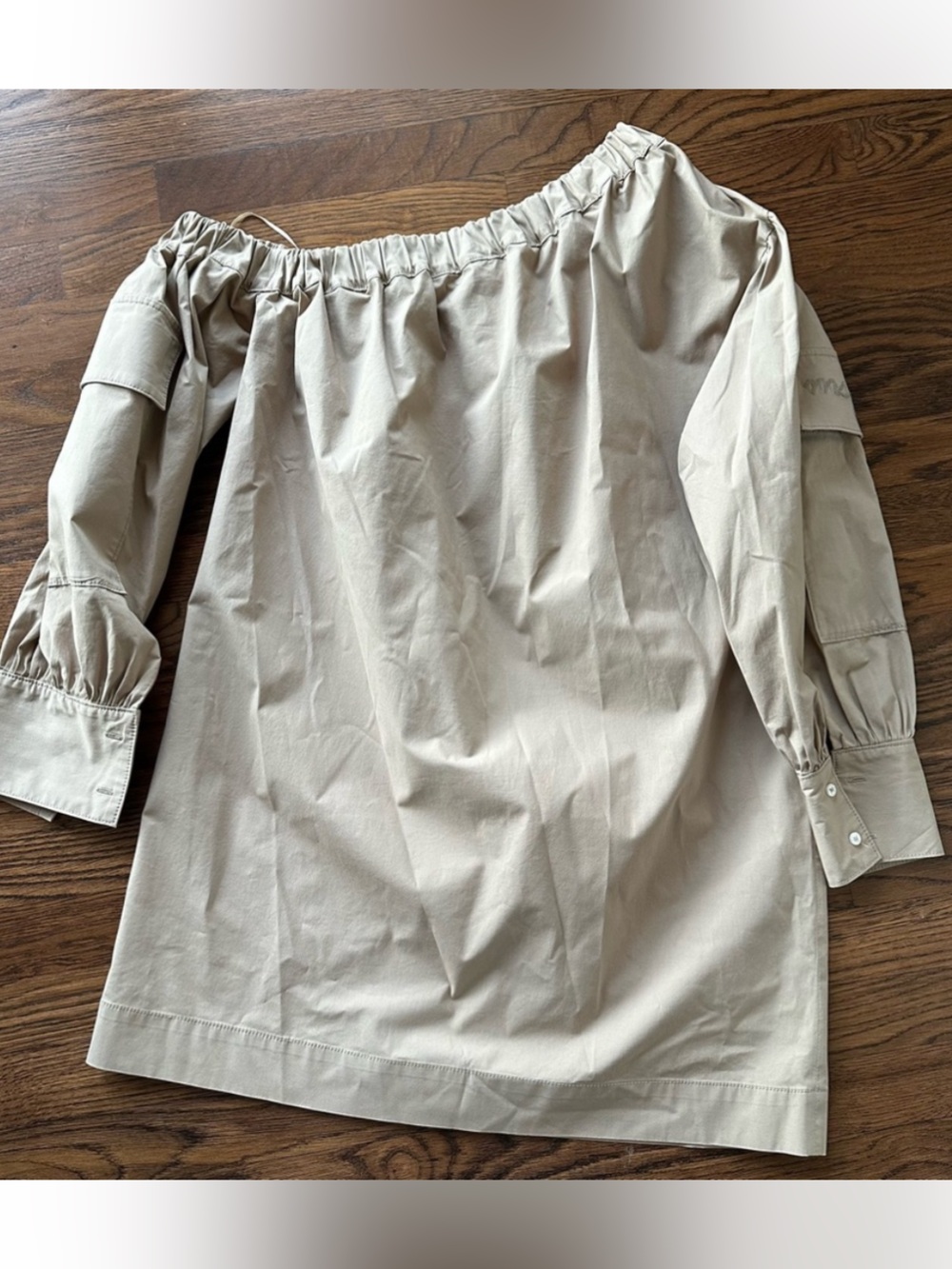 MSGM Off-Shoulder Cotton long sleeve mini dress in Light khaki